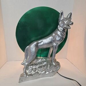 Vintage MCM chalkware Glass Wolf German Shepherd Lamp Art Deco Green Rin Tin Tin